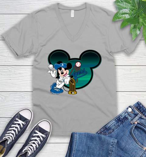MLB Los Angeles Dodgers The Commissioner's Trophy Mickey Mouse Disney V-Neck T-Shirt 4