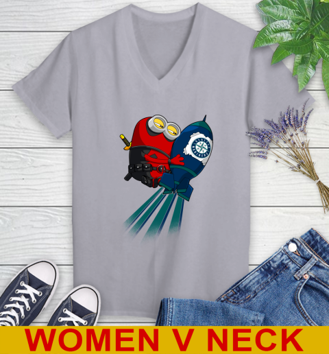 MLB Baseball Seattle Mariners Deadpool Minion Marvel Shirt Women's V-Neck T-Shirt 4