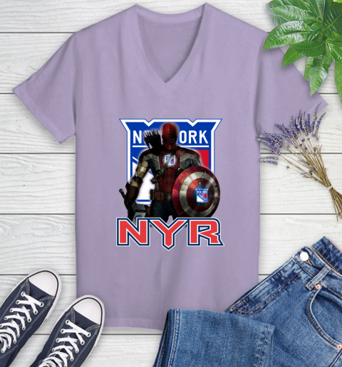 NHL Captain America Thor Spider Man Hawkeye Avengers Endgame Hockey New York Rangers Women's V-Neck T-Shirt 14