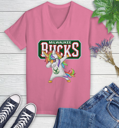 Milwaukee Bucks NBA Basketball Funny Unicorn Dabbing Sports Women's V-Neck T-Shirt 13