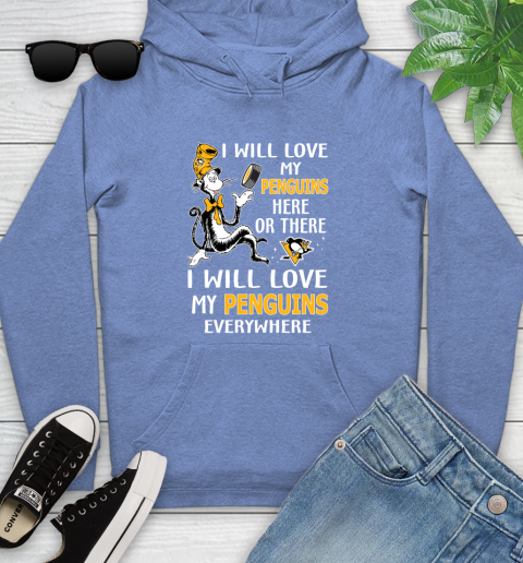 NHL Hockey Pittsburgh Penguins I Will Love My Penguins Everywhere Dr Seuss Shirt Youth Hoodie 11