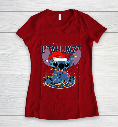 Utah Jazz NBA noel stitch Basketball Christmas Women's V-Neck T-Shirt 6