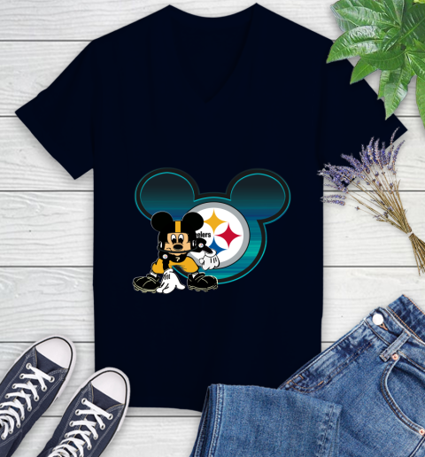 NFL Pittsburgh Steelers Mickey Mouse Disney Football T Shirt Women's V-Neck T-Shirt 3
