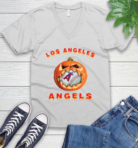 MLB Los Angeles Angels Halloween Pumpkin Baseball Sports V-Neck T-Shirt