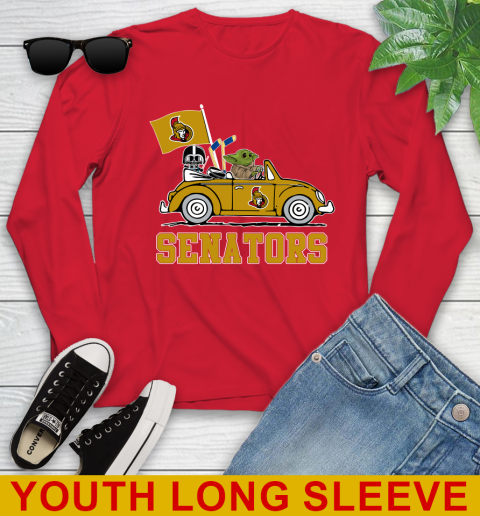 NHL Hockey Ottawa Senators Darth Vader Baby Yoda Driving Star Wars Shirt Youth Long Sleeve 11