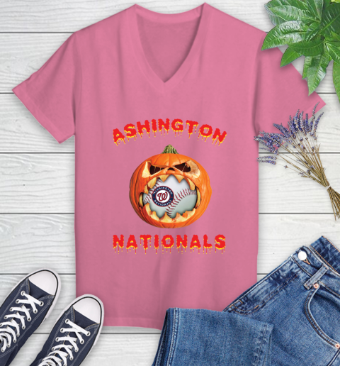 MLB Washington Nationals Halloween Pumpkin Baseball Sports Women's V-Neck T-Shirt 13