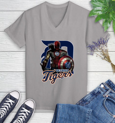 MLB Captain America Thor Spider Man Hawkeye Avengers Endgame Baseball Detroit Tigers Women's V-Neck T-Shirt 4
