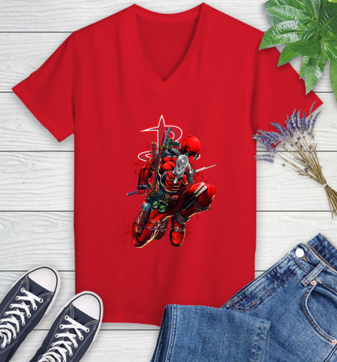 NBA Deadpool Marvel Comics Sports Basketball Houston Rockets Women's V-Neck T-Shirt 12