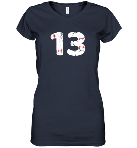 yoln number 13 baseball vintage distressed team women v neck t shirt 39 front navy