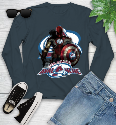 NHL Captain America Thor Spider Man Hawkeye Avengers Endgame Hockey Colorado Avalanche Youth Long Sleeve 8