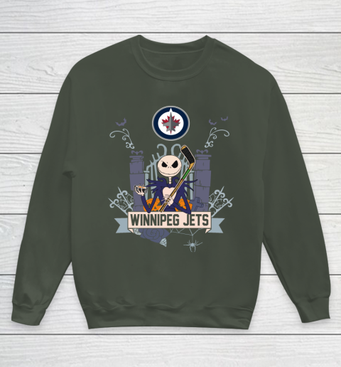 NHL Winnipeg Jets Hockey Jack Skellington Halloween Youth Sweatshirt 8