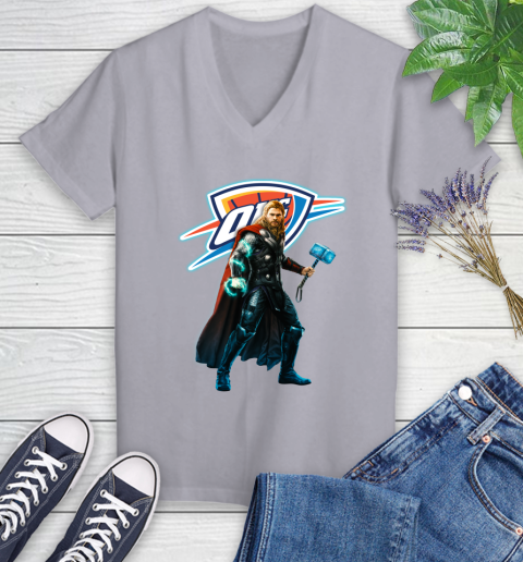 NBA Thor Avengers Endgame Basketball Oklahoma City Thunder Women's V-Neck T-Shirt 4