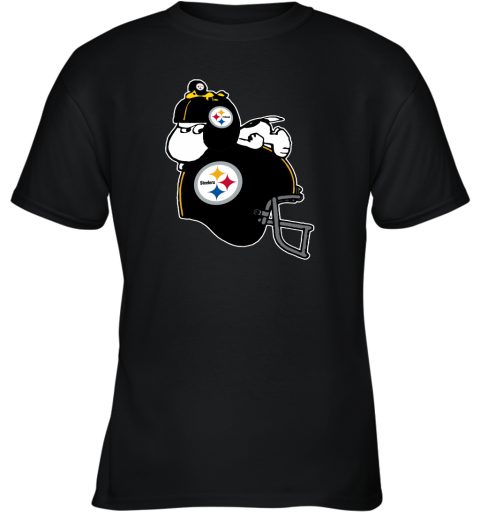 Snoopy And Woodstock Resting On Pittsburg Steelers Helmet Youth T-Shirt