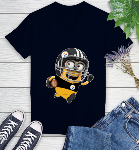 NFL Pittsburgh Steelers Minions Disney Football Sports Women's V-Neck T-Shirt 3