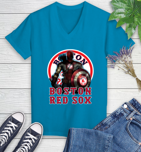 MLB Captain America Thor Spider Man Hawkeye Avengers Endgame Baseball Boston Red Sox Women's V-Neck T-Shirt 7