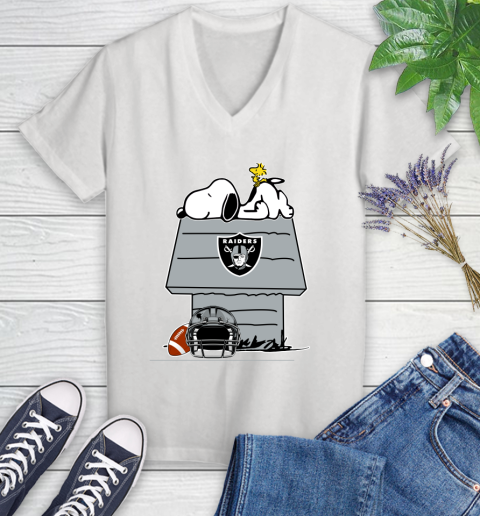 Oakland Raiders NFL Football Snoopy Woodstock The Peanuts Movie Women's V-Neck T-Shirt