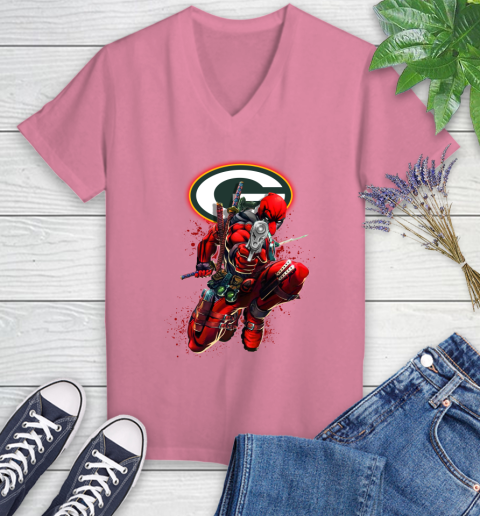 NFL Deadpool Marvel Comics Sports Football Green Bay Packers Women's V-Neck T-Shirt 13