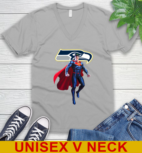 NFL Superman DC Sports Football Seattle Seahawks V-Neck T-Shirt 4