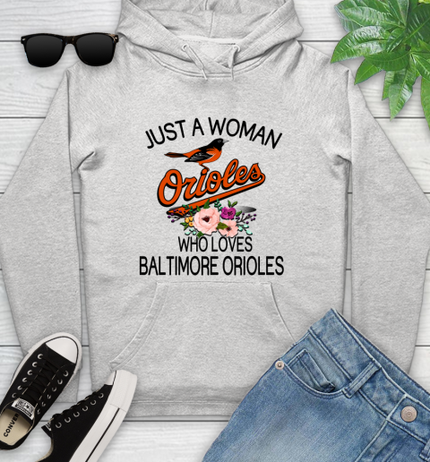 MLB Just A Woman Who Loves Baltimore Orioles Baseball Sports Youth Hoodie