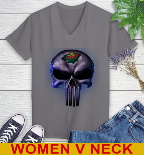 Minnesota Wild NHL Hockey Punisher Skull Sports Women's V-Neck T-Shirt - Image 12