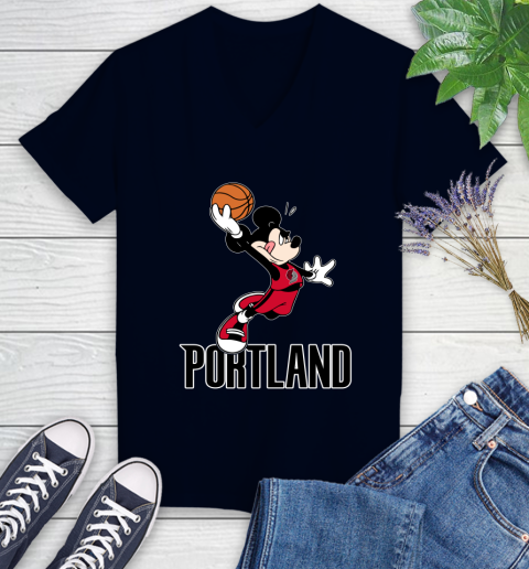 NBA Basketball Portland Trail Blazers Cheerful Mickey Mouse Shirt Women's V-Neck T-Shirt 3