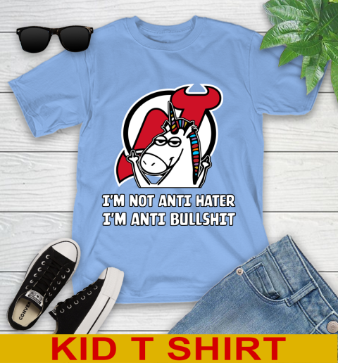 New Jersey Devils NHL Hockey Unicorn I'm Not Anti Hater I'm Anti Bullshit Youth T-Shirt 11