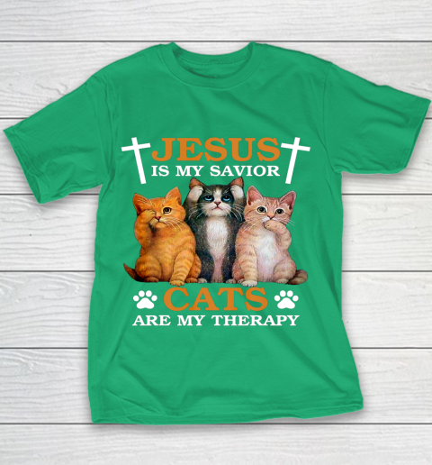 Jesus is My Savior Cat are My Therapy Christians Cat Lover Youth T-Shirt 3