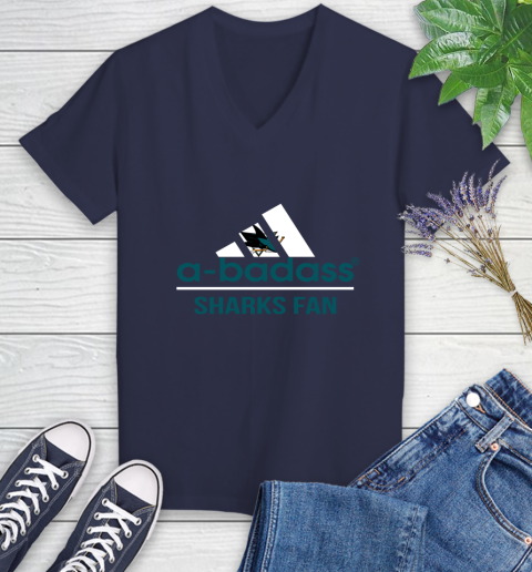 NHL A Badass San Jose Sharks Fan Adidas Hockey Sports Women's V-Neck T-Shirt 12