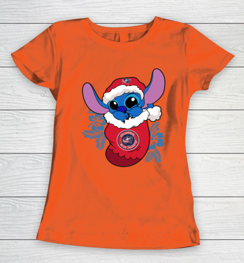 Columbus Blue Jackets Christmas Stitch In The Sock Funny Disney NHL Women's T-Shirt 5
