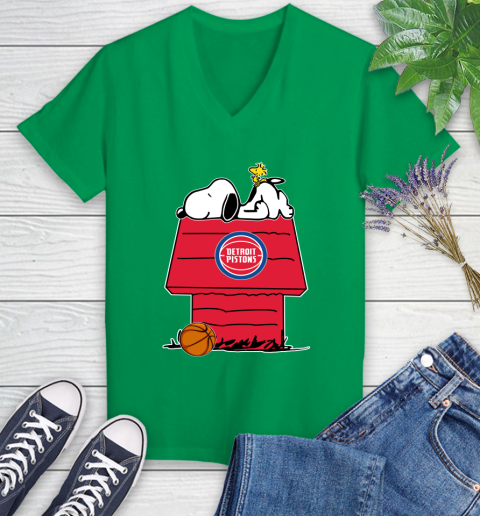 Detroit Pistons NBA Basketball Snoopy Woodstock The Peanuts Movie Women's V-Neck T-Shirt 5