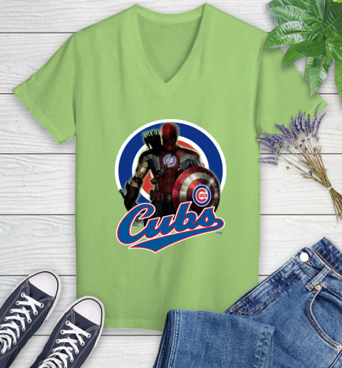 MLB Captain America Thor Spider Man Hawkeye Avengers Endgame Baseball Chicago Cubs Women's V-Neck T-Shirt 11