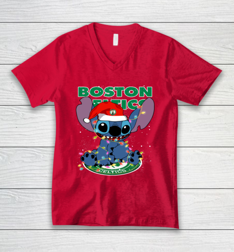 Boston Celtics NBA noel stitch Basketball Christmas V-Neck T-Shirt 3