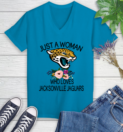 NFL Just A Woman Who Loves Jacksonville Jaguars Football Sports Women's V-Neck T-Shirt 4