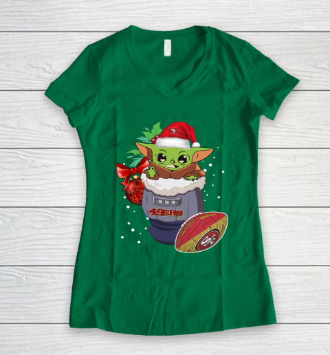 San Francisco 49ers Christmas Baby Yoda Star Wars Funny Happy NFL Women's V-Neck T-Shirt 5