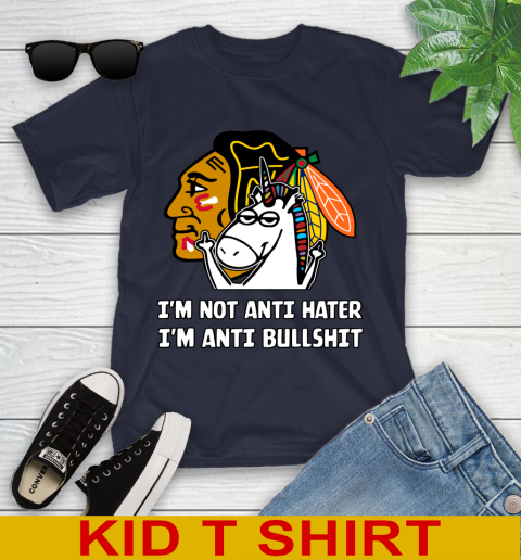 Chicago Blackhawks NHL Hockey Unicorn I'm Not Anti Hater I'm Anti Bullshit Youth T-Shirt 3