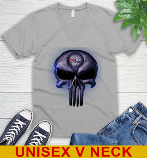 Philadelphia 76ers NBA Basketball Punisher Skull Sports V-Neck T-Shirt 3