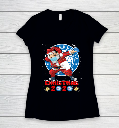 Philadelphia 76ers Funny Santa Claus Dabbing Christmas 2020 NBA Women's V-Neck T-Shirt