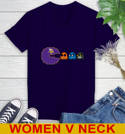Minnesota Vikings NFL Football Pac Man Champion Women's V-Neck T-Shirt 4