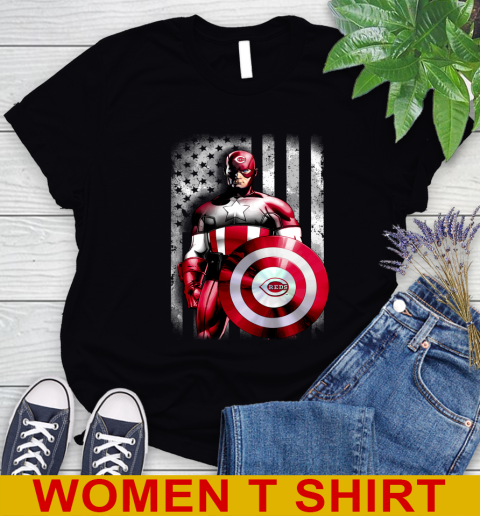 Cincinnati Reds MLB Baseball Captain America Marvel Avengers American Flag Shirt Women's T-Shirt