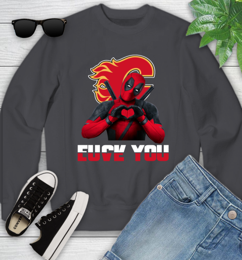 NHL Calgary Flames Deadpool Love You Fuck You Hockey Sports Youth Sweatshirt 5