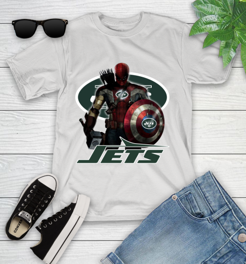 NFL Captain America Thor Spider Man Hawkeye Avengers Endgame Football New York Jets Youth T-Shirt