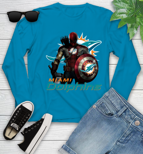 NFL Captain America Thor Spider Man Hawkeye Avengers Endgame Football Miami Dolphins Youth Long Sleeve 7