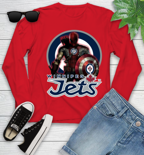 NHL Captain America Thor Spider Man Hawkeye Avengers Endgame Hockey Winnipeg Jets Youth Long Sleeve 11