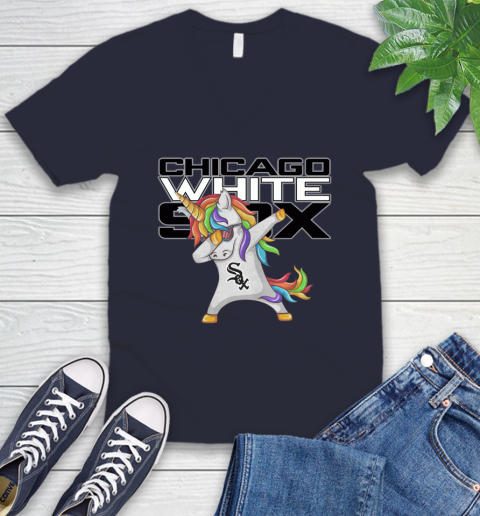 Chicago White Sox MLB Baseball Funny Unicorn Dabbing Sports V-Neck T-Shirt 3
