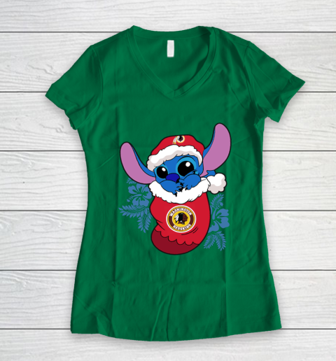 Washington Redskins Christmas Stitch In The Sock Funny Disney NFL Women's V-Neck T-Shirt 5