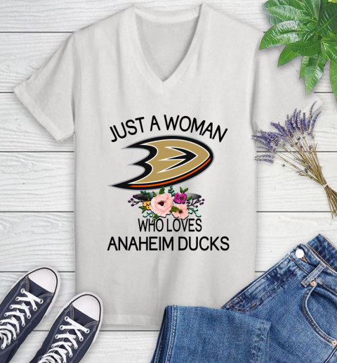 NHL Just A Woman Who Loves Anaheim Ducks Hockey Sports Women's V-Neck T-Shirt
