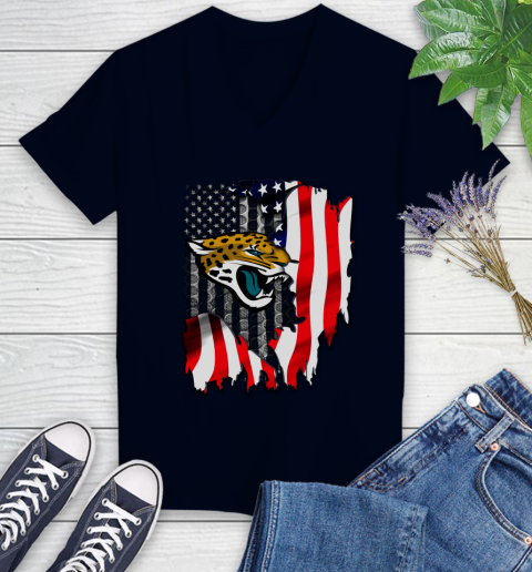 Jacksonville Jaguars NFL Football American Flag Women's V-Neck T-Shirt 2