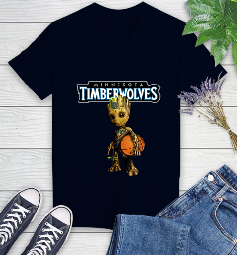 Minnesota Timberwolves NBA Basketball Groot Marvel Guardians Of The Galaxy Women's V-Neck T-Shirt 3