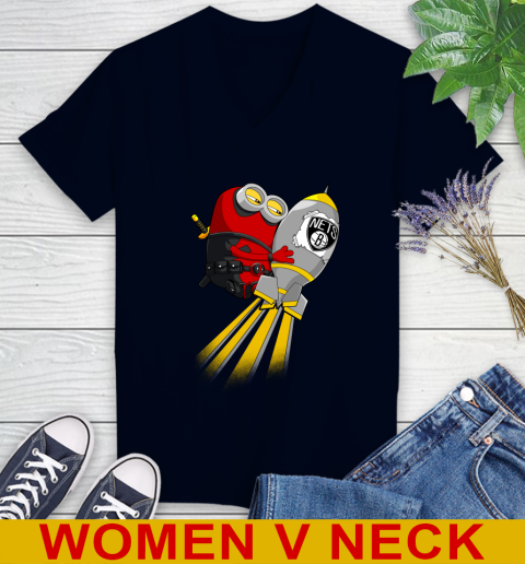 NBA Basketball Brooklyn Nets Deadpool Minion Marvel Shirt Women's V-Neck T-Shirt 2