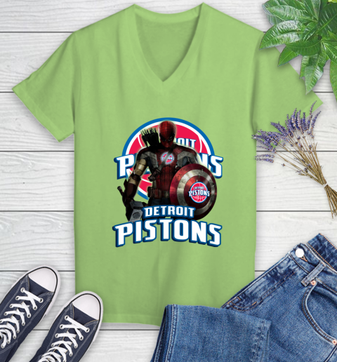 Detroit Pistons NBA Basketball Captain America Thor Spider Man Hawkeye Avengers Women's V-Neck T-Shirt 11